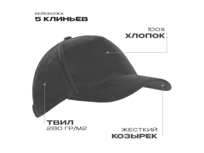 Бейсболка STAN 5 клиньев хлопок 280, 03, Тёмно-серый