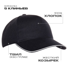 Бейсболка с кантом STAN 5 клиньев хлопок 330, 04, Чёрный