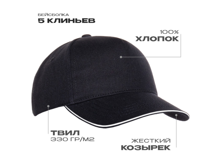 Бейсболка с кантом STAN 5 клиньев хлопок 330, 04, Чёрный