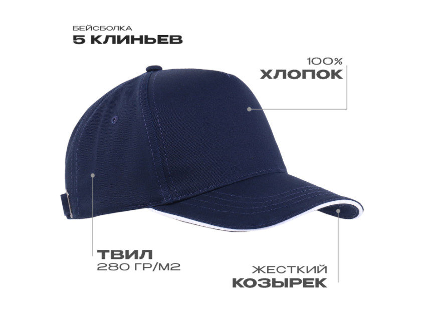 Бейсболка с кантом STAN 5 клиньев хлопок 280, 14, Тёмно-синий