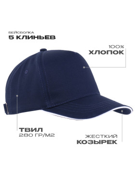 Бейсболка с кантом STAN 5 клиньев хлопок 280, 14, Тёмно-синий