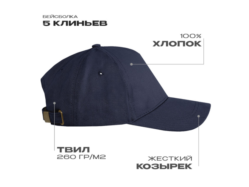 Бейсболка STAN 5 клиньев хлопок 260, 12, Тёмно-синий