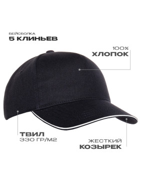 Бейсболка с кантом STAN 5 клиньев хлопок 330, 04, Чёрный