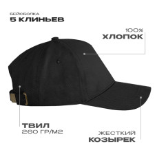Бейсболка STAN 5 клиньев хлопок 260, 12, Чёрный