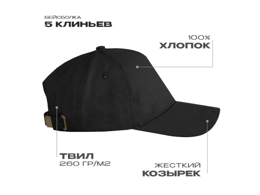 Бейсболка STAN 5 клиньев хлопок 260, 12, Чёрный